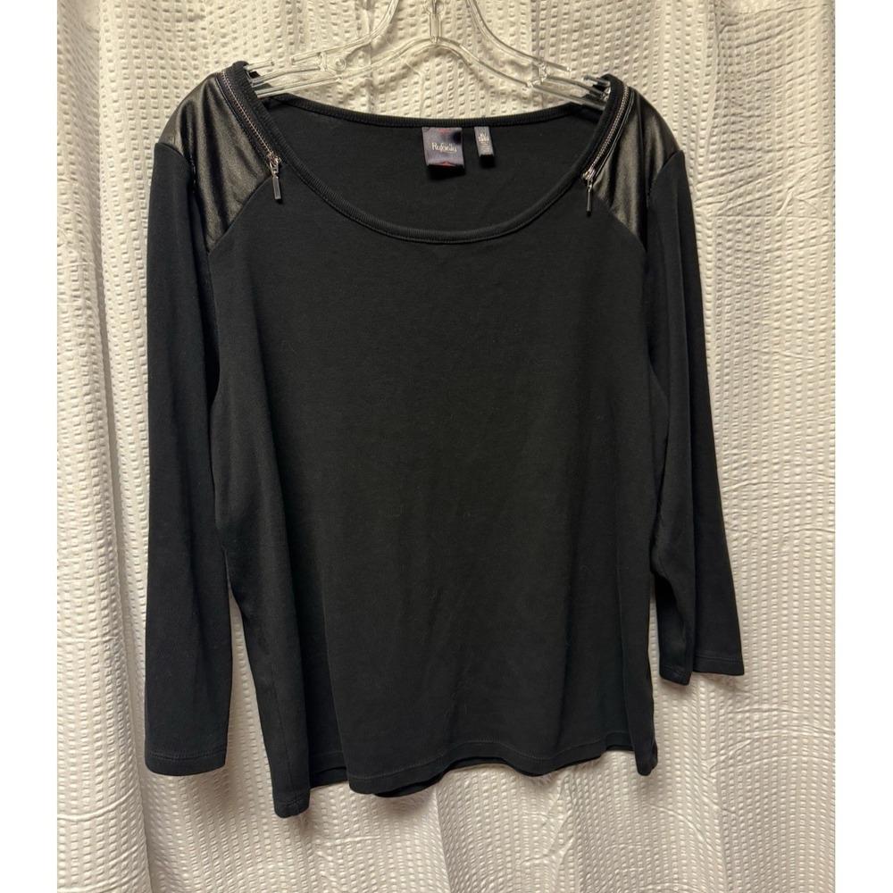 Rafaella Women's 100% Cotton Black Long Sleeve Zipper Accent Shoulder Blouse XL